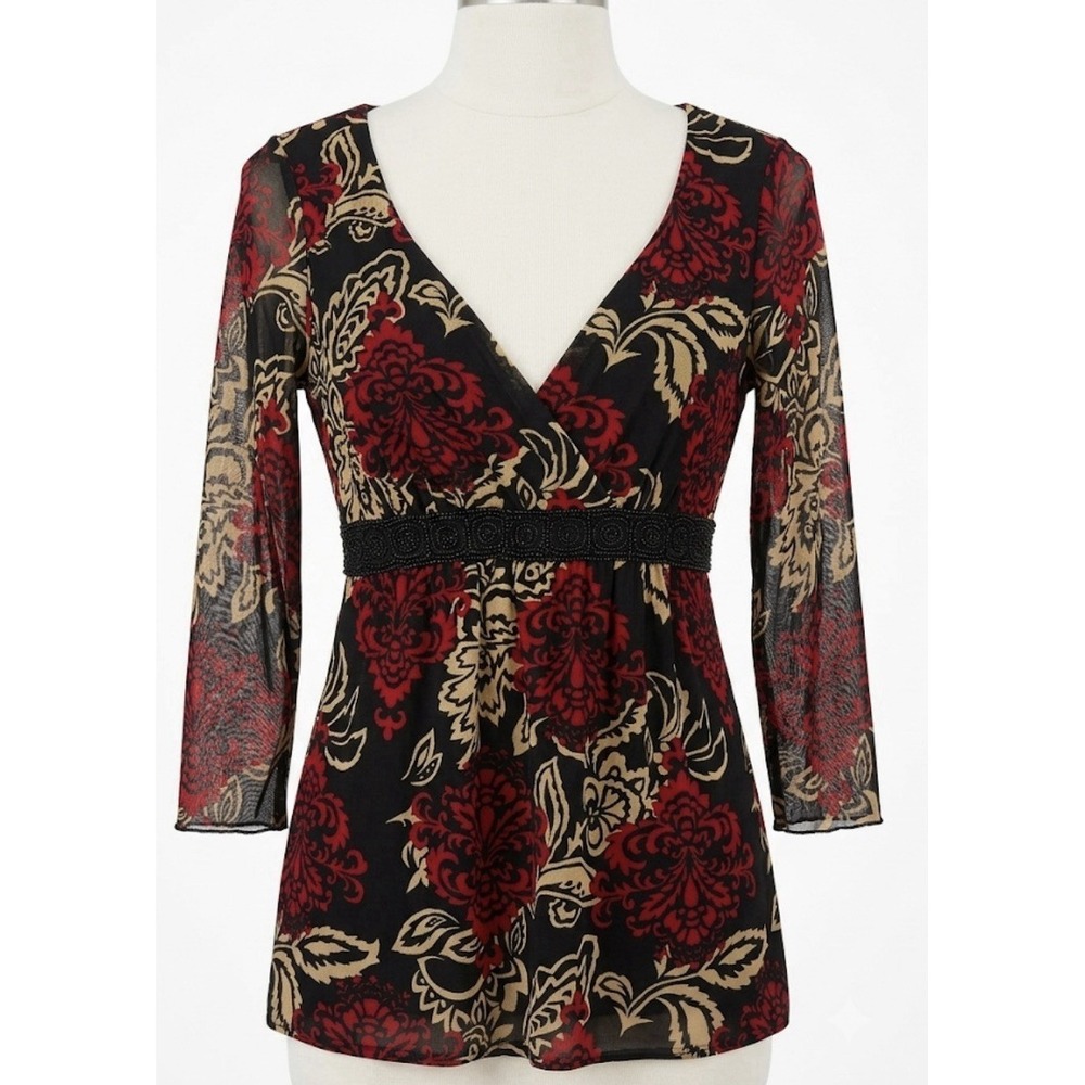 INC International Concepts Top S Mesh Sleeve Y2K Floral Babydoll Beaded Empire